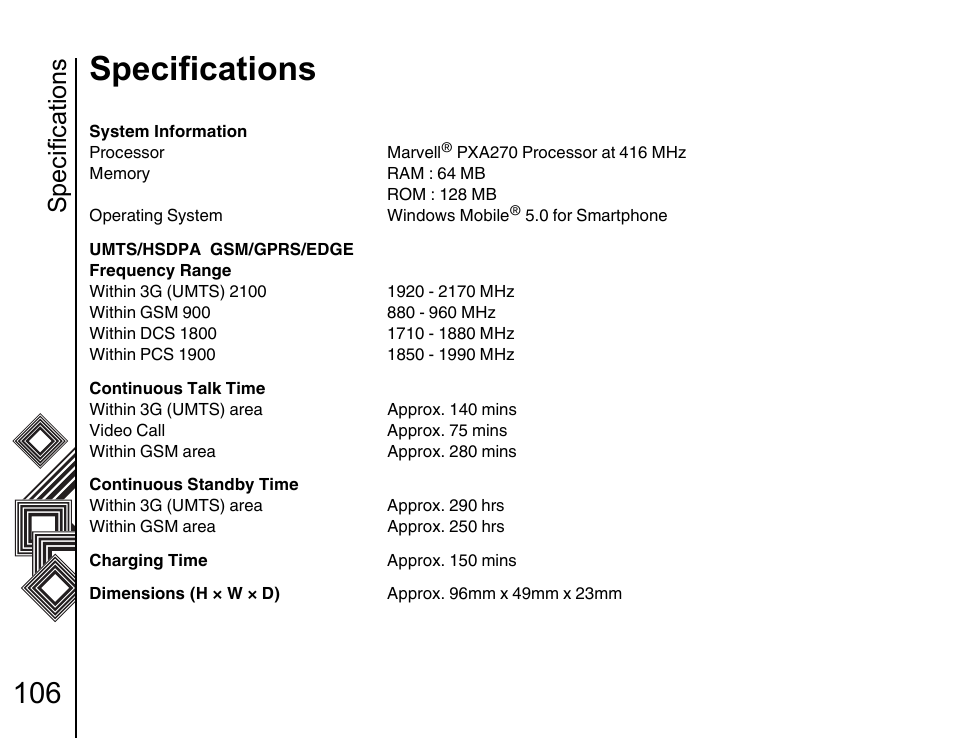 Specifications 106, Specifications | Toshiba G500 User Manual | Page 107 / 123