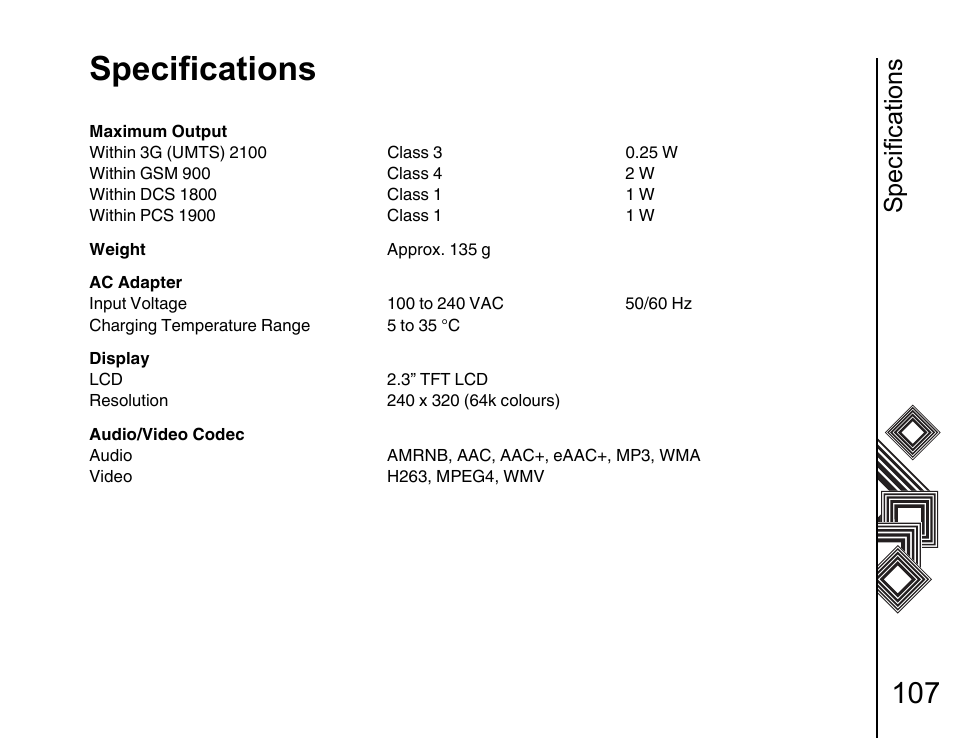 Specifications | Toshiba G500 User Manual | Page 108 / 123