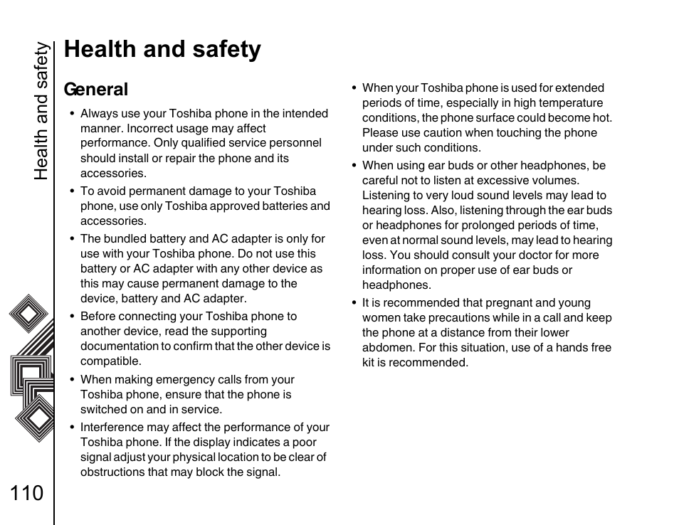 Health and safety 110 general 110, Health and safety, General | Toshiba G500 User Manual | Page 111 / 123