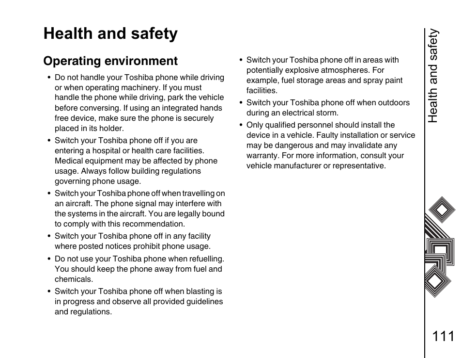 Operating environment 111, Health and safety, Operating environment | Toshiba G500 User Manual | Page 112 / 123