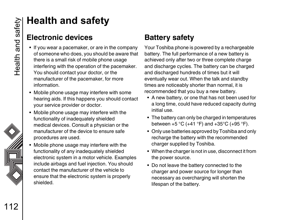 Electronic devices 112, Battery safety 112, Health and safety | Electronic devices, Battery safety | Toshiba G500 User Manual | Page 113 / 123