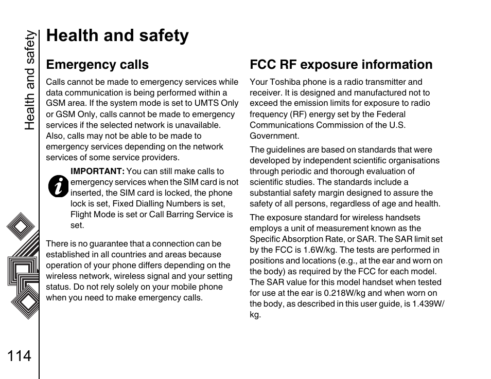 Emergency calls 114, Fcc rf exposure information 114, Health and safety | Emergency calls, Fcc rf exposure information | Toshiba G500 User Manual | Page 115 / 123