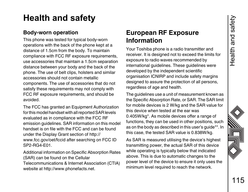 European rf exposure information 115, Health and safety, European rf exposure information | Toshiba G500 User Manual | Page 116 / 123