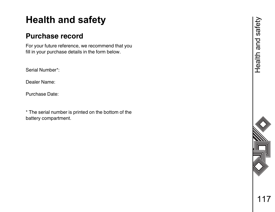 Purchase record 117, Health and safety, Purchase record | Toshiba G500 User Manual | Page 118 / 123