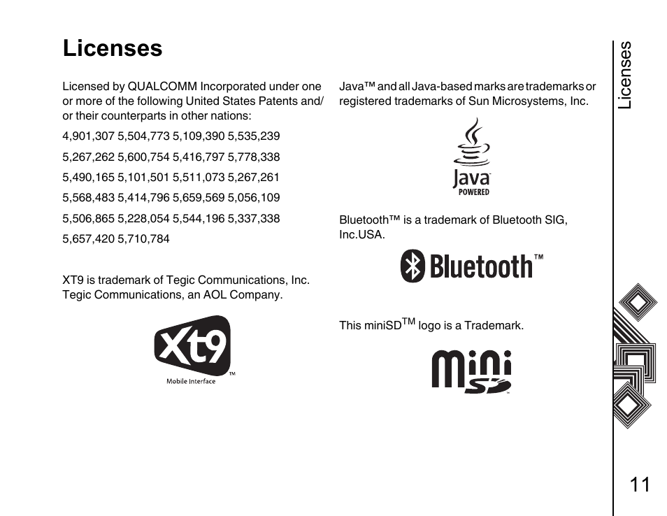 Licenses 11, Licenses | Toshiba G500 User Manual | Page 12 / 123