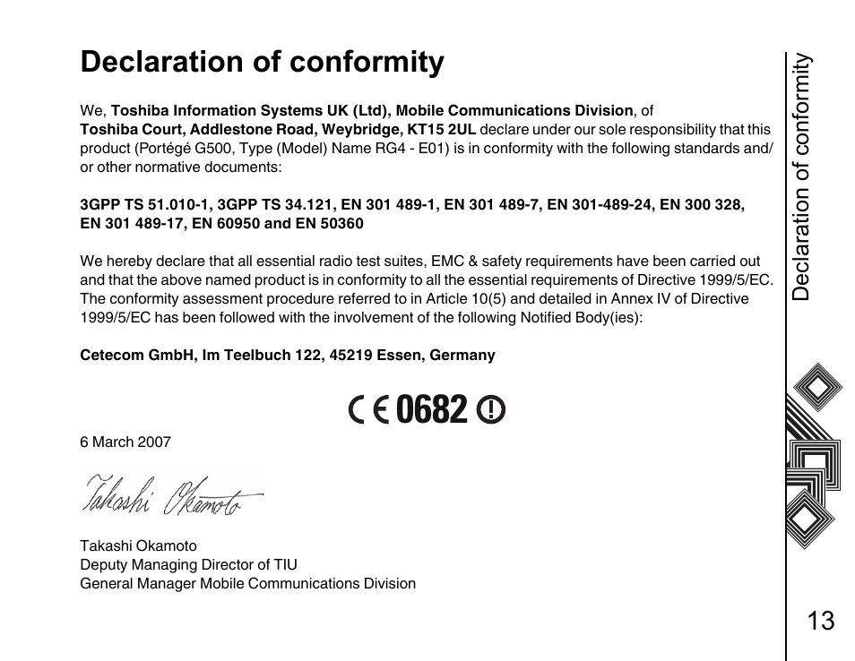 Declaration of conformity 13, Declaration of conformity | Toshiba G500 User Manual | Page 14 / 123