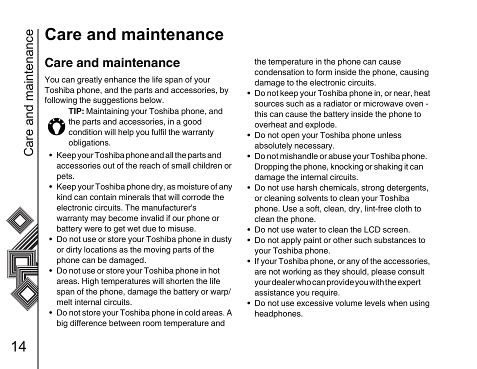 Care and maintenance 14 care and maintenance 14, Care and maintenance | Toshiba G500 User Manual | Page 15 / 123