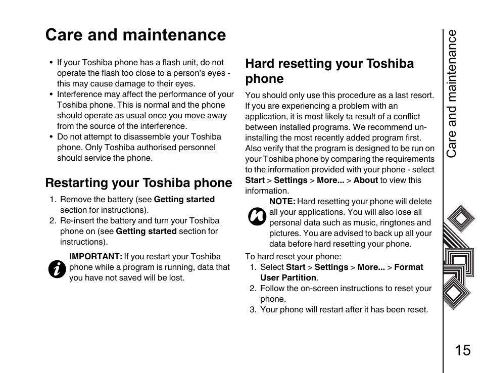 Restarting your toshiba phone 15, Hard resetting your toshiba phone 15, Care and maintenance | Restarting your toshiba phone, Hard resetting your toshiba phone | Toshiba G500 User Manual | Page 16 / 123