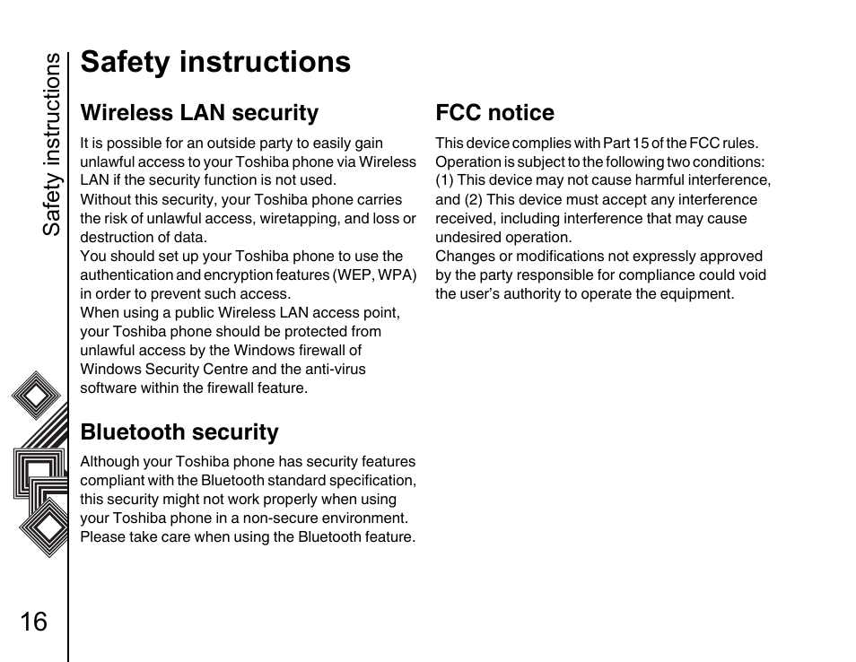 Safety instructions 16 wireless lan security 16, Bluetooth security 16, Fcc notice 16 | Safety instructions, Wireless lan security, Bluetooth security, Fcc notice | Toshiba G500 User Manual | Page 17 / 123