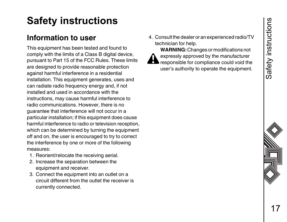 Information to user 17, Safety instructions, Information to user | Toshiba G500 User Manual | Page 18 / 123