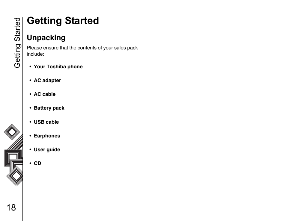 Getting started 18 unpacking 18, Getting started, Unpacking | Toshiba G500 User Manual | Page 19 / 123