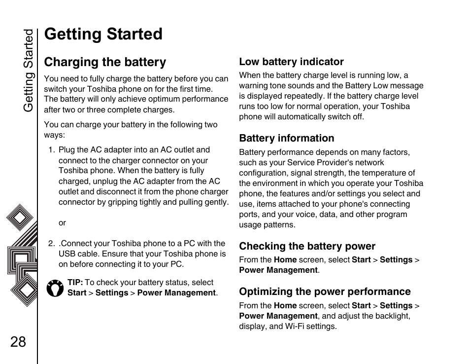 Charging the battery 28, Getting started, Charging the battery | Toshiba G500 User Manual | Page 29 / 123