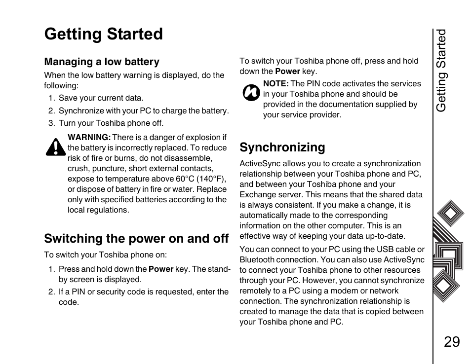 Switching the power on and off 29, Synchronizing 29, Getting started | Switching the power on and off, Synchronizing | Toshiba G500 User Manual | Page 30 / 123