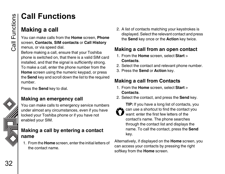 Call functions 32 making a call 32, Call functions, Making a call | Toshiba G500 User Manual | Page 33 / 123