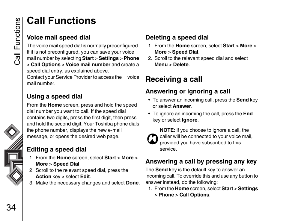 Receiving a call 34, Call functions, Receiving a call | Toshiba G500 User Manual | Page 35 / 123