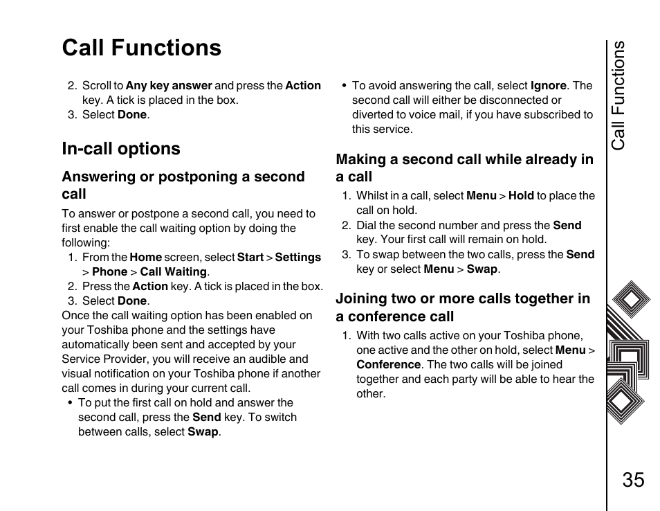In-call options 35, Call functions, In-call options | Toshiba G500 User Manual | Page 36 / 123