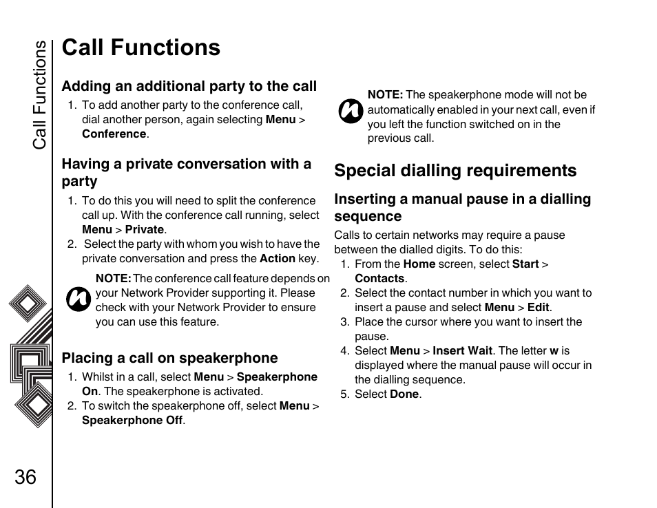Special dialling requirements 36, Call functions, Special dialling requirements | Toshiba G500 User Manual | Page 37 / 123