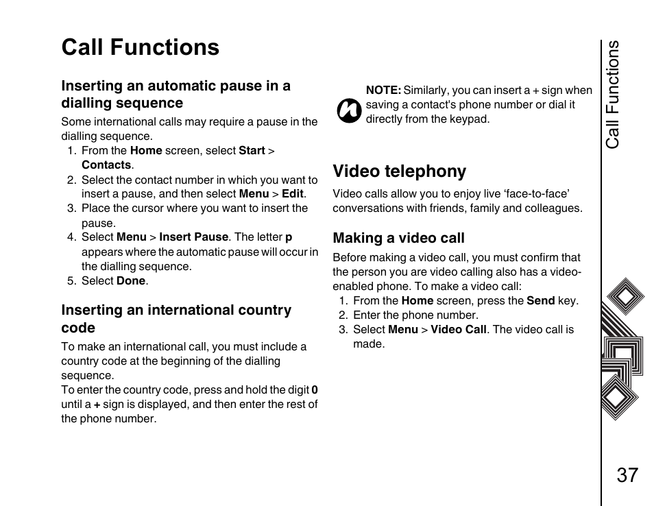 Video telephony 37, Call functions, Video telephony | Toshiba G500 User Manual | Page 38 / 123
