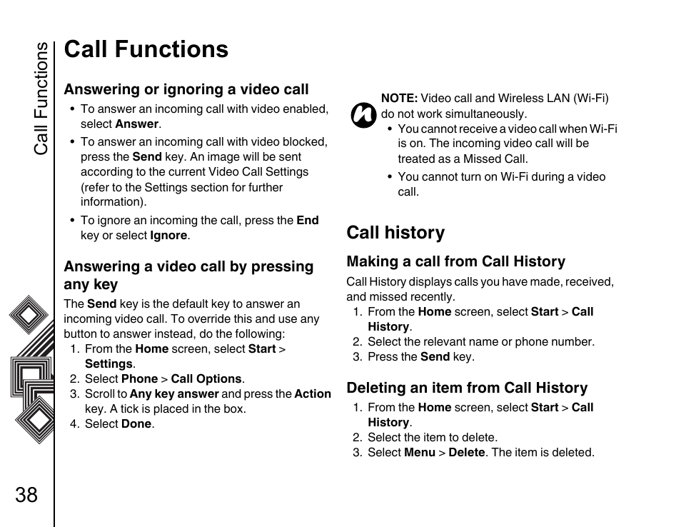 Call history 38, Call functions, Call history | Toshiba G500 User Manual | Page 39 / 123