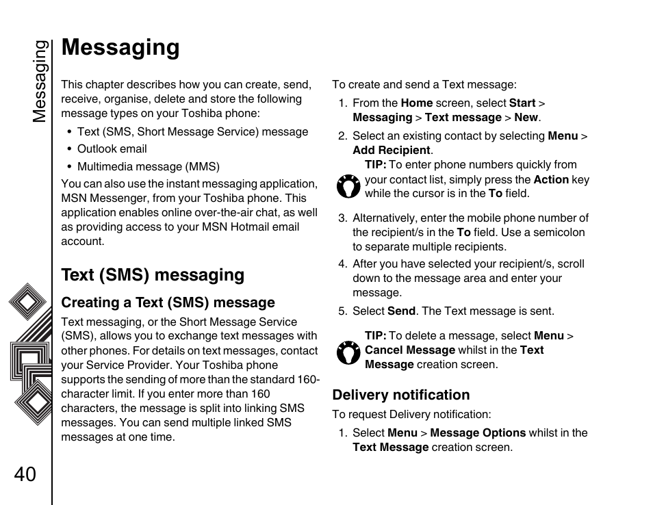 Messaging 40 text (sms) messaging 40, Messaging, Text (sms) messaging | Toshiba G500 User Manual | Page 41 / 123