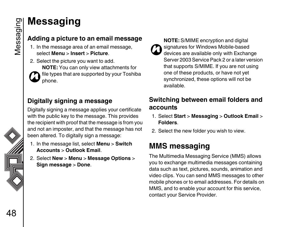 Mms messaging 48, Messaging, Mms messaging | Toshiba G500 User Manual | Page 49 / 123