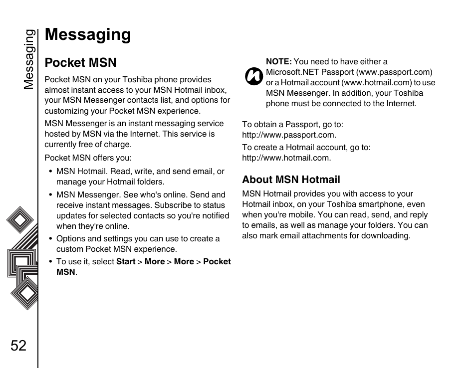 Pocket msn 52, Messaging, Pocket msn | Toshiba G500 User Manual | Page 53 / 123