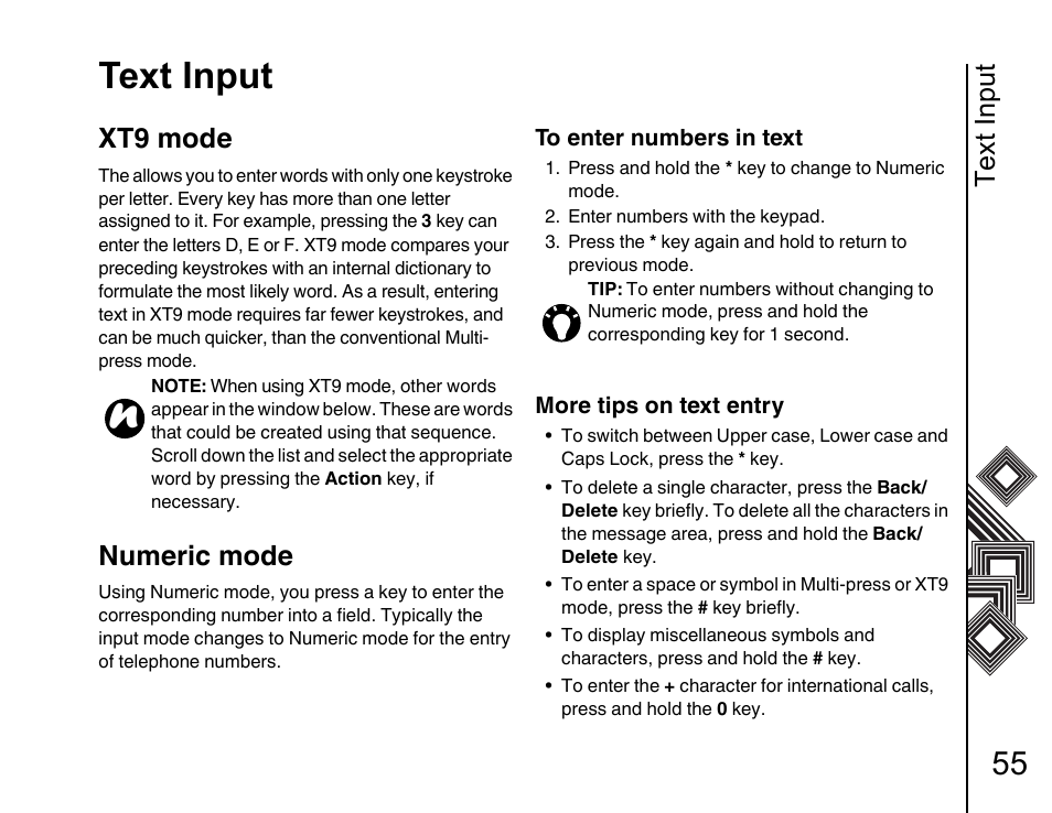 Xt9 mode 55, Numeric mode 55, Text input | Xt9 mode, Numeric mode | Toshiba G500 User Manual | Page 56 / 123