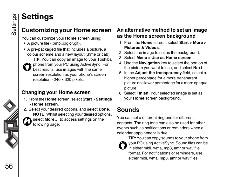 Settings 56 customizing your home screen 56, Sounds 56, Settings | Customizing your home screen, Sounds | Toshiba G500 User Manual | Page 57 / 123