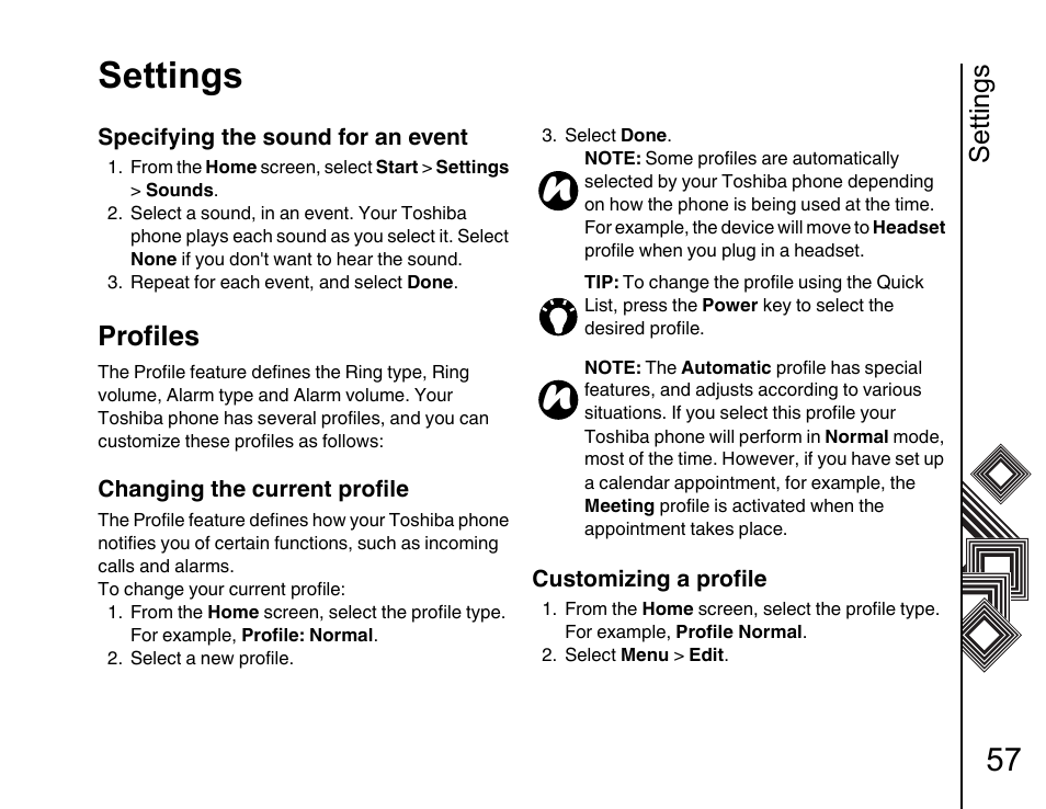 Profiles 57, Settings, Profiles | Toshiba G500 User Manual | Page 58 / 123