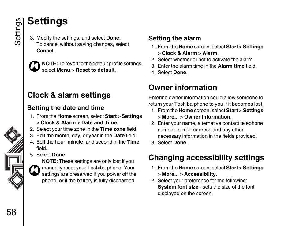 Clock & alarm settings 58, Owner information 58, Changing accessibility settings 58 | Settings, Clock & alarm settings, Owner information, Changing accessibility settings | Toshiba G500 User Manual | Page 59 / 123