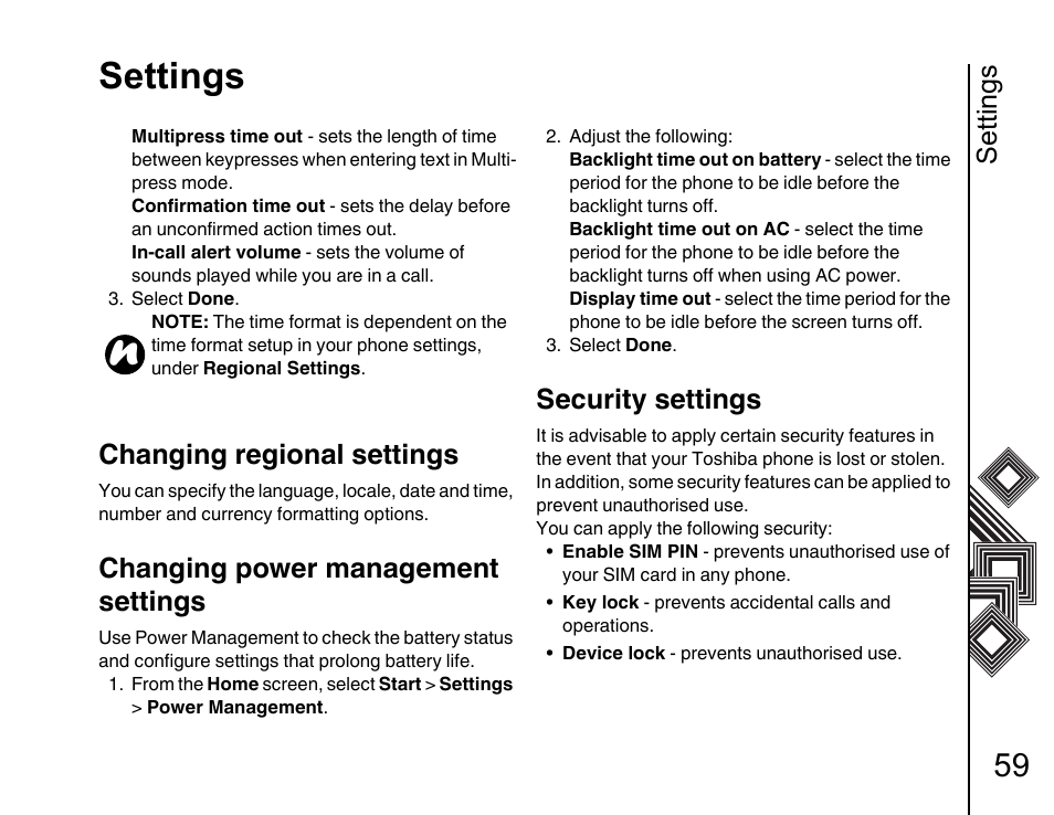 Changing regional settings 59, Changing power management settings, Security settings 59 | Settings, Changing regional settings, Security settings | Toshiba G500 User Manual | Page 60 / 123