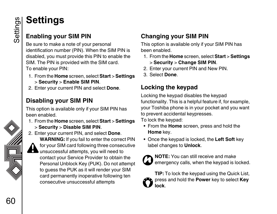 Settings | Toshiba G500 User Manual | Page 61 / 123