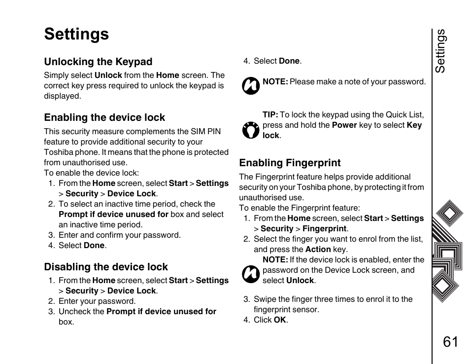 Settings | Toshiba G500 User Manual | Page 62 / 123