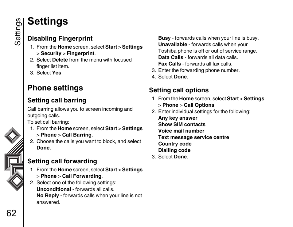 Phone settings 62, Settings, Phone settings | Toshiba G500 User Manual | Page 63 / 123