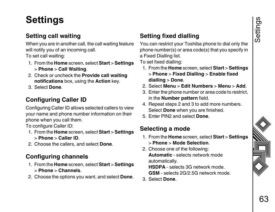 Settings | Toshiba G500 User Manual | Page 64 / 123