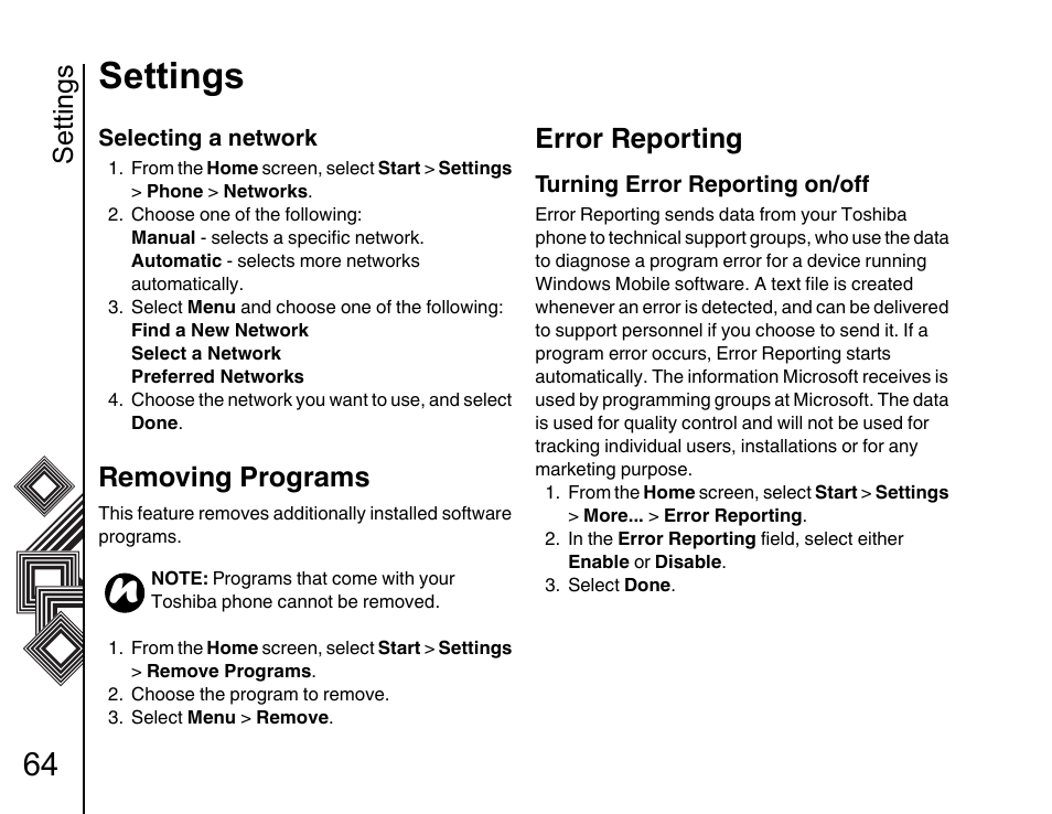 Removing programs 64, Error reporting 64, Settings | Removing programs, Error reporting | Toshiba G500 User Manual | Page 65 / 123