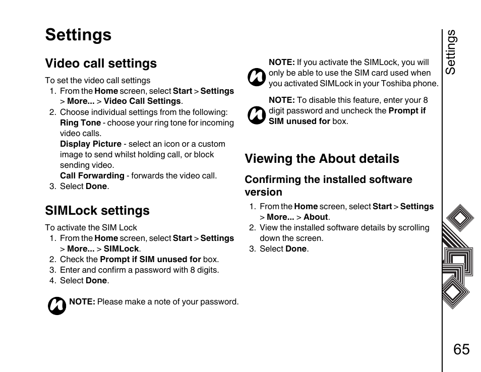 Video call settings 65, Simlock settings 65, Viewing the about details 65 | Settings, Video call settings, Simlock settings, Viewing the about details | Toshiba G500 User Manual | Page 66 / 123