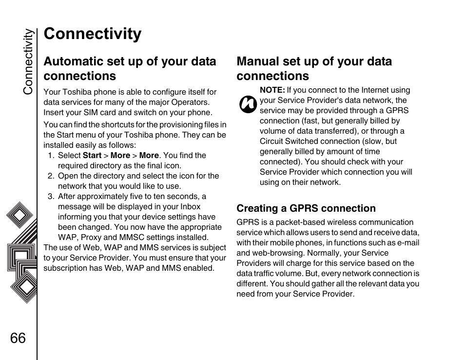 Connectivity 66 automatic set up of your data, Connections 66, Manual set up of your data connections | Connectivity, Automatic set up of your data connections | Toshiba G500 User Manual | Page 67 / 123