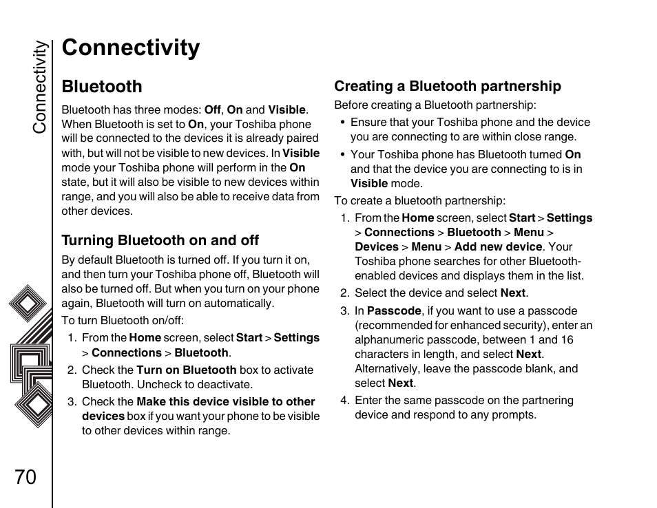 Bluetooth 70, Connectivity, Bluetooth | Toshiba G500 User Manual | Page 71 / 123