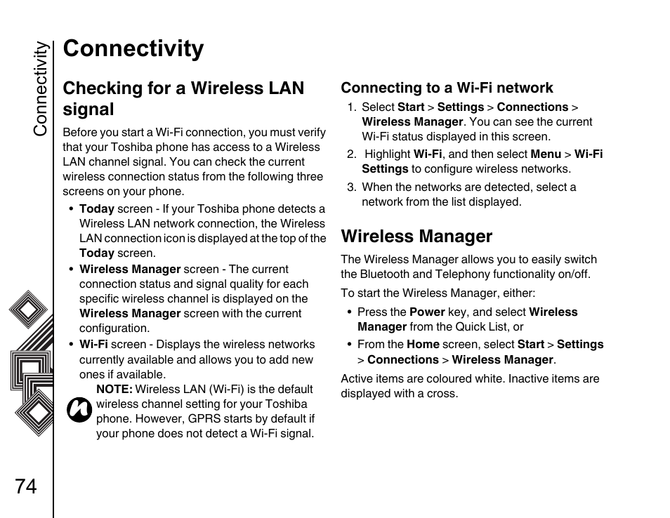 Checking for a wireless lan signal 74, Wireless manager 74, Connectivity | Checking for a wireless lan signal, Wireless manager | Toshiba G500 User Manual | Page 75 / 123