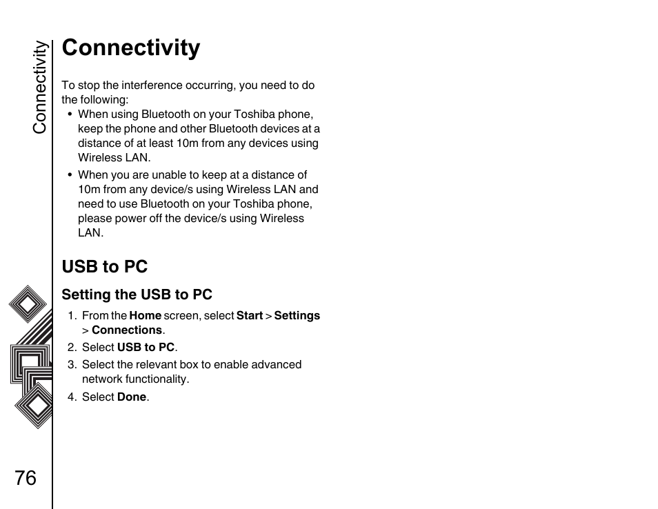 Usb to pc 76, Connectivity, Usb to pc | Toshiba G500 User Manual | Page 77 / 123