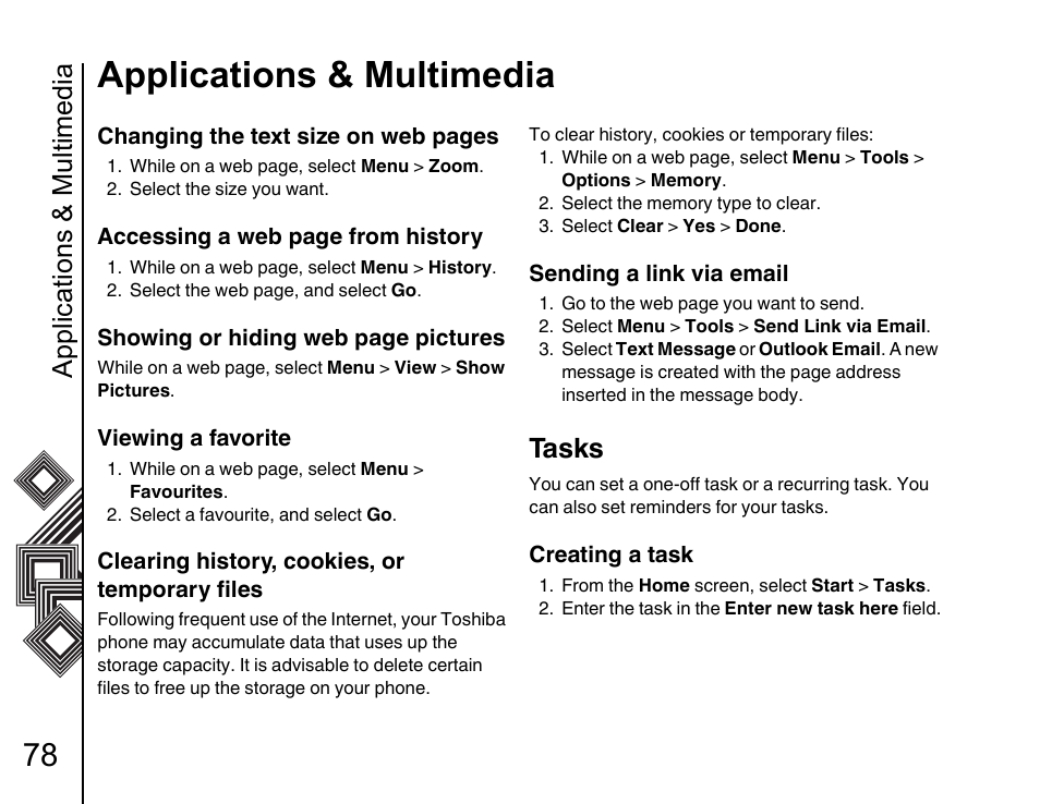 Tasks 78, Applications & multimedia, Tasks | Toshiba G500 User Manual | Page 79 / 123