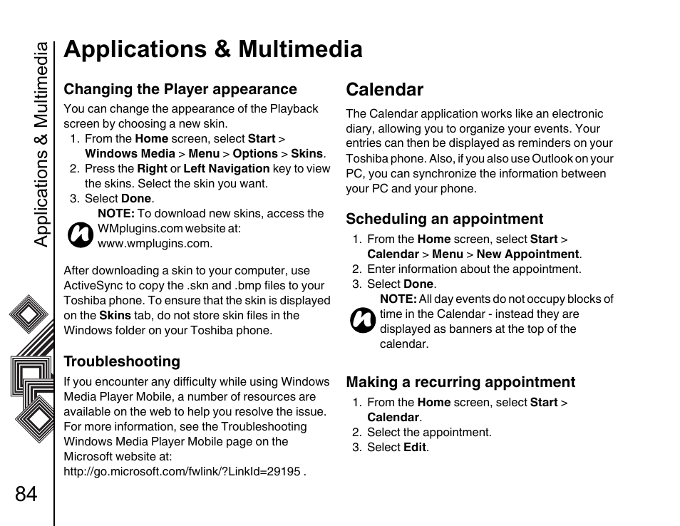 Calendar 84, Applications & multimedia, Calendar | Toshiba G500 User Manual | Page 85 / 123