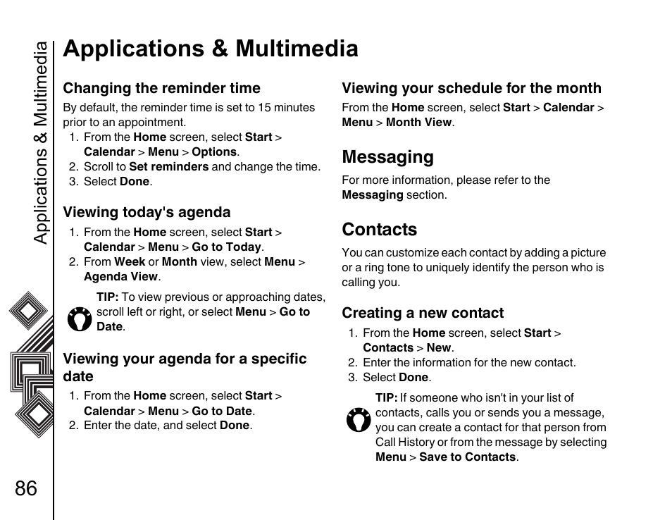 Messaging 86, Contacts 86, Applications & multimedia | Messaging, Contacts | Toshiba G500 User Manual | Page 87 / 123