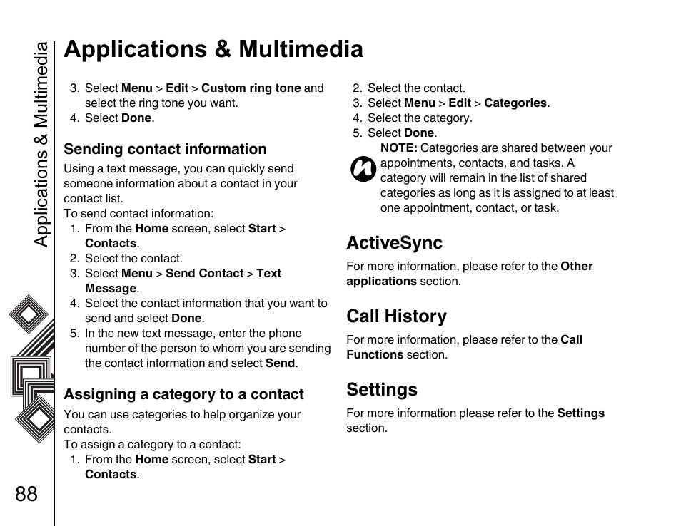 Activesync 88, Call history 88, Settings 88 | Applications & multimedia, Activesync, Call history, Settings | Toshiba G500 User Manual | Page 89 / 123