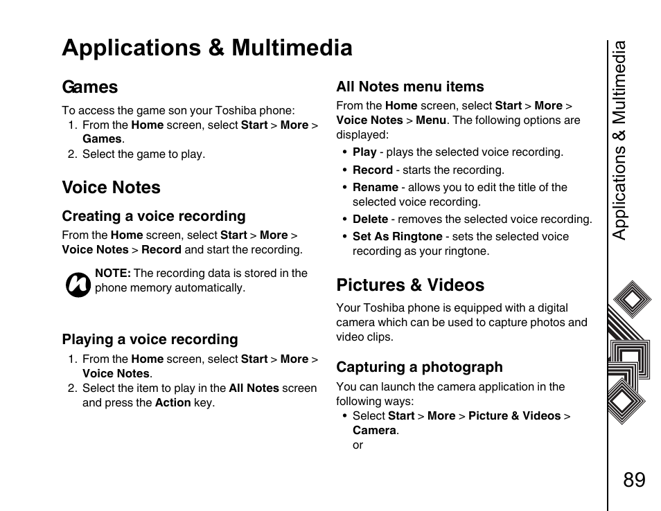 Games 89, Voice notes 89, Pictures & videos 89 | Applications & multimedia, Games, Pictures & videos | Toshiba G500 User Manual | Page 90 / 123
