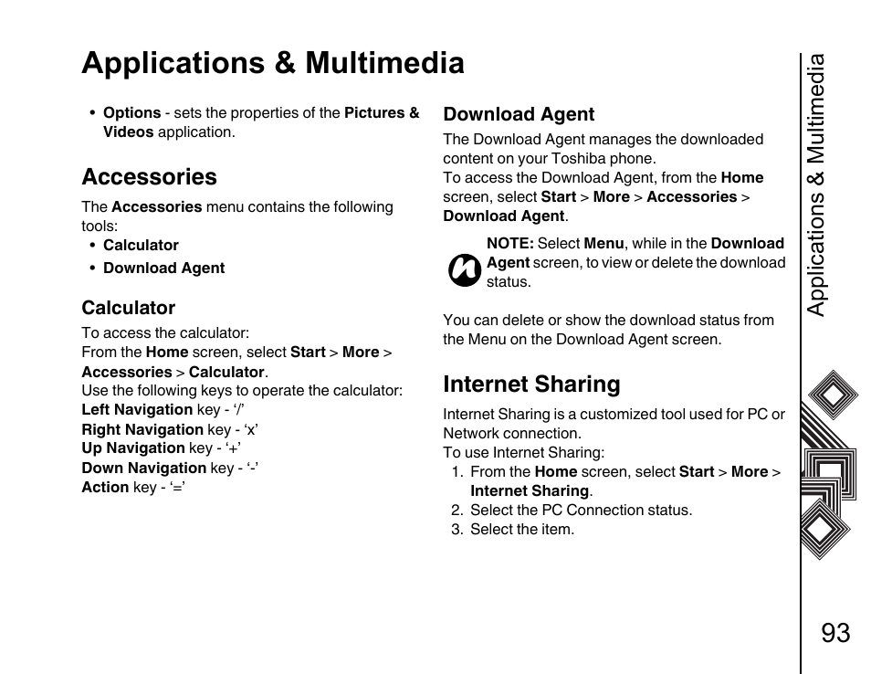 Accessories 93, Internet sharing 93, Applications & multimedia | Accessories, Internet sharing | Toshiba G500 User Manual | Page 94 / 123