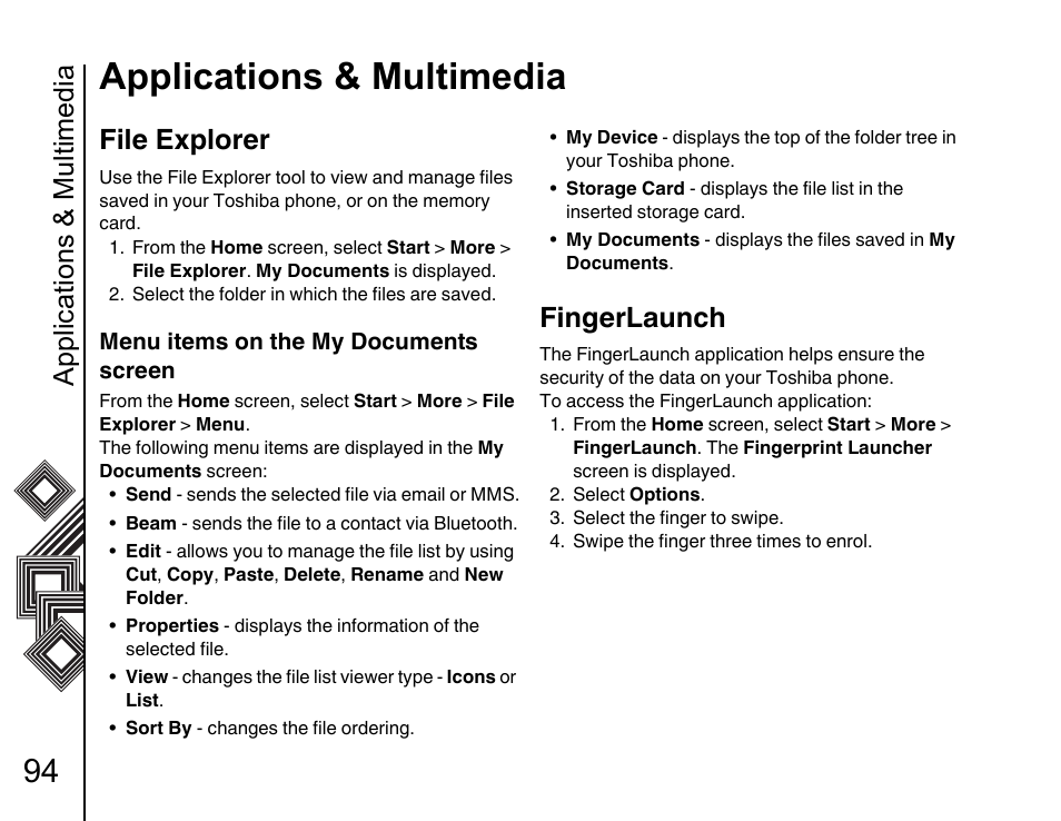 File explorer 94, Fingerlaunch 94, Applications & multimedia | File explorer, Fingerlaunch | Toshiba G500 User Manual | Page 95 / 123