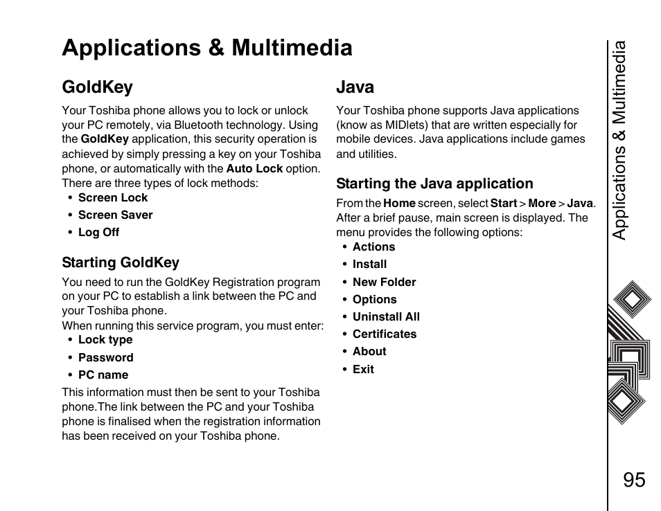 Goldkey 95, Java 95, Applications & multimedia | Goldkey, Java | Toshiba G500 User Manual | Page 96 / 123