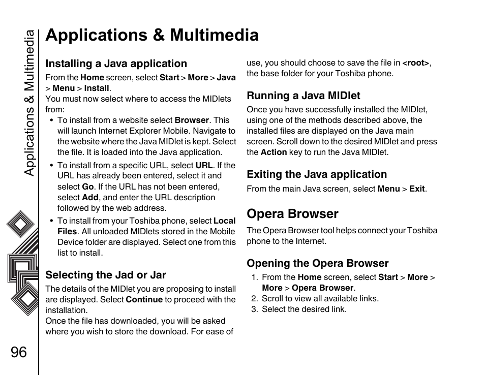 Opera browser 96, Applications & multimedia, Opera browser | Toshiba G500 User Manual | Page 97 / 123